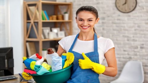 عاملة منزلية تحمل افضل ادوات للنظافة